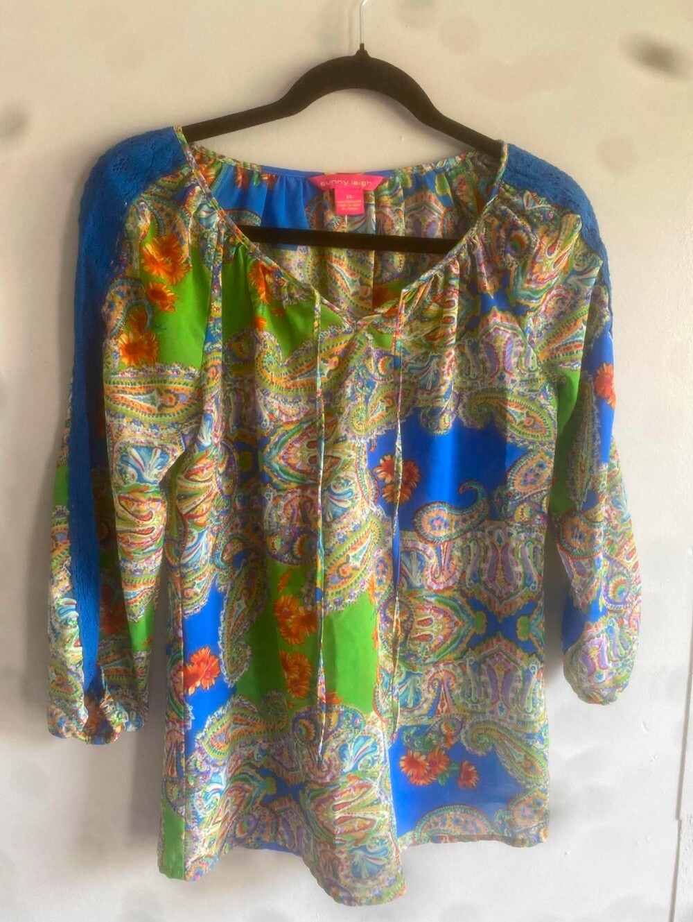 Y2K Sunny Leigh Sheer Boho Paisley Blouse Blue Green Peasant Top Tie Front XS